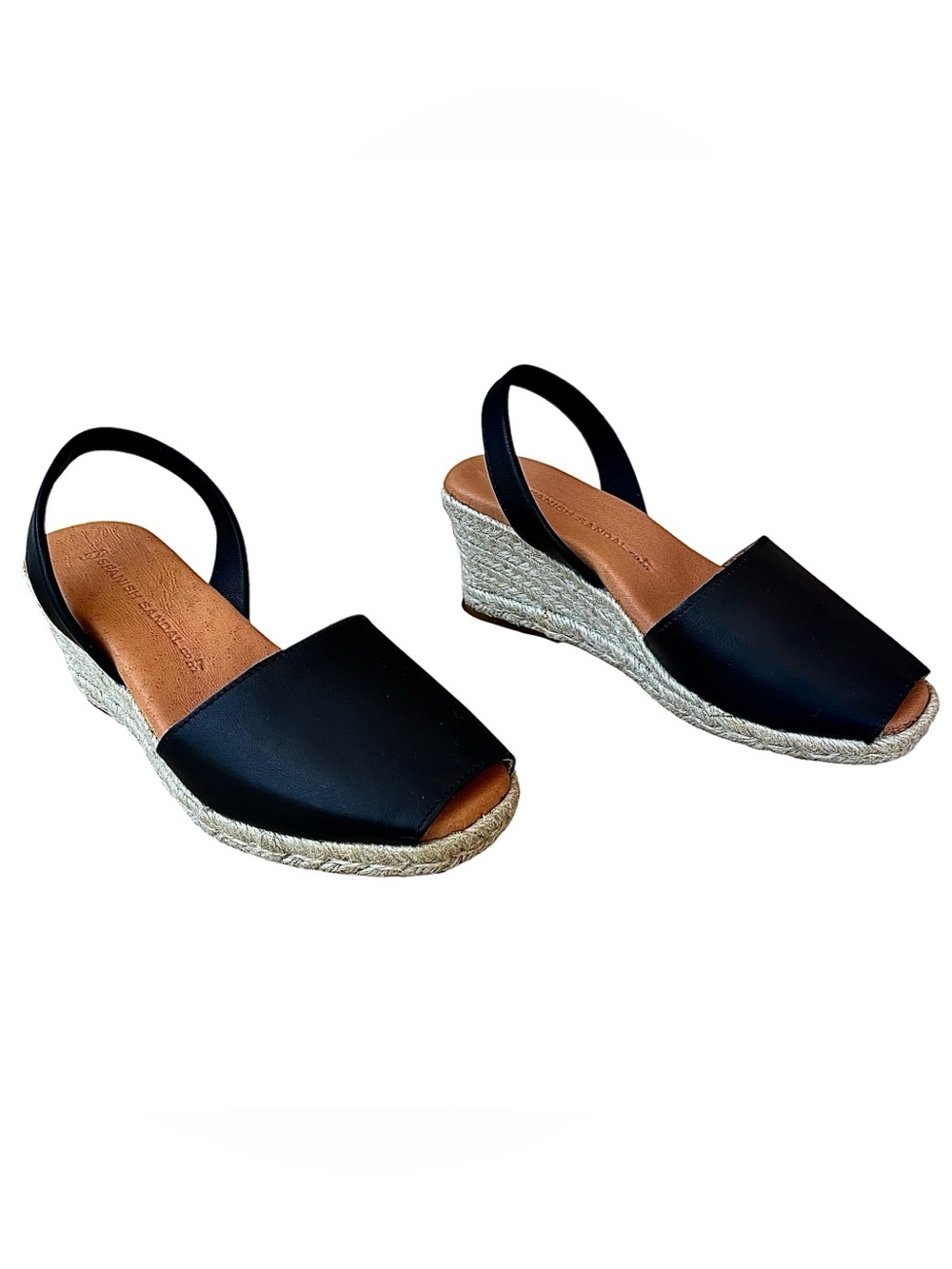 Nwob Spanish Sandal Co Black Leather Espadrille Wedge Sandals View 3